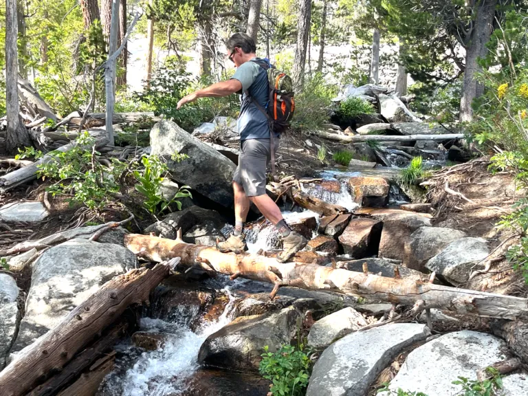 A hiker stepping across fallen logs over a rocky creek in the Sierra backcountry
